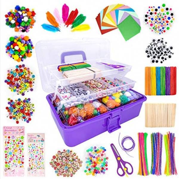 1405 Pcs Art and Craft Supplies for Kids, Toddler DIY Craft Art Supply Set Included Pipe Cleaners, Pom Poms, Feather, Folding Storage Box - All in One for Craft DIY Art Supplies (Purple)