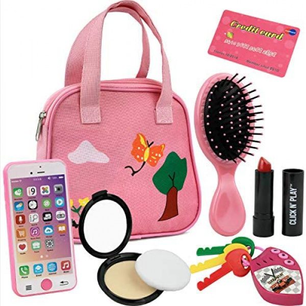 Click N' Play Purse Toy for Girls 2-3 Years Old, Handbag with 8 Pieces including Makeup, Smartphone, Wallet, Keys, Credit Card , Pink