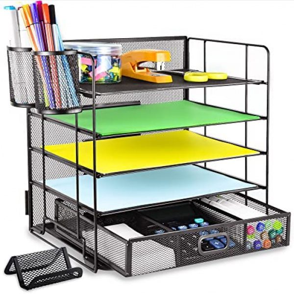 DALTACK 5-Trays Desktop File Organizer with Pen Holder，Letter Tray Paper Organizer with Drawer and Pen Holders，Black Mesh Office Supplies File Holder，Desk Organizer for Office School Home