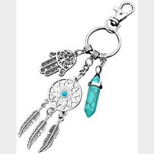 Dreamcatcher Keychain Keyring Hipster Gifts Silver Toned Key Chain Blue Turquoise Gemstone and Hamsa Hand Charm Keyring (Dreamcatcher Keychain with Blue Turquoise)