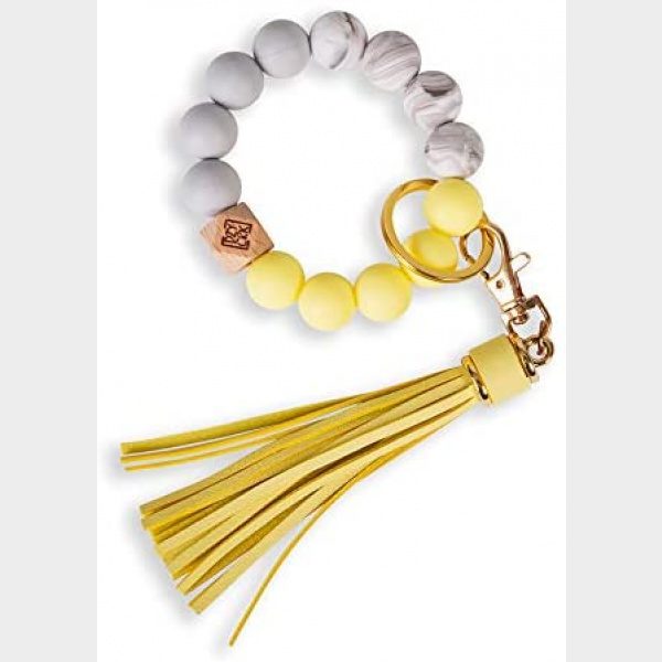 Keychain Bracelet, Women Silicone Beaded Bangle Key Ring Wristlet Leather Tassel by Dizzy Creek Designs