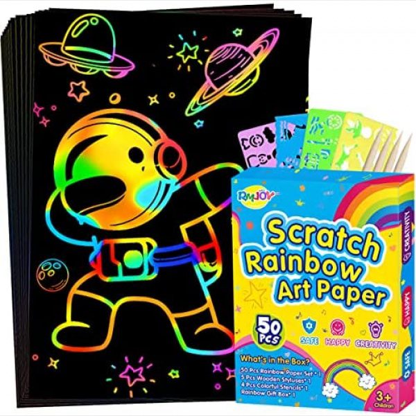 RMJOY Rainbow Scratch Paper Sets: 50pcs Magic Art Craft Scratch Off Papers Supplies Kits Pad for Age 3-12 Kids Girl Boy Teen Toy Game Gift for Birthday|Party Favor|DIY Activities|Painting Game Gifts