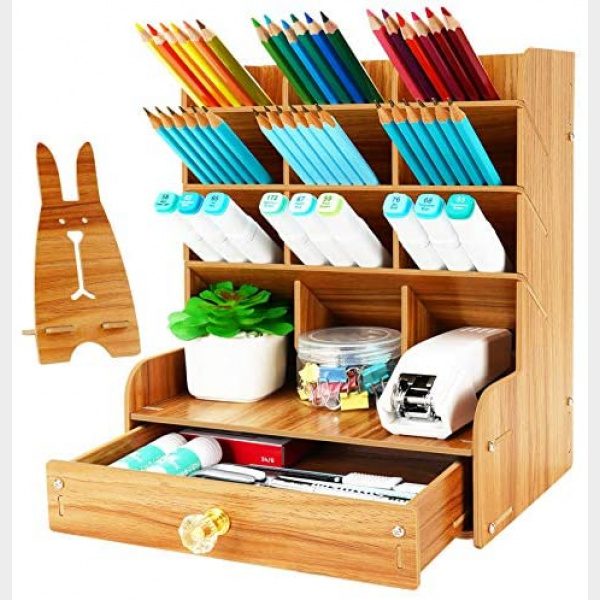 Wellerly Wooden Pen Holder Desk Organizer with Drawer & Cute Phone Holder - 12 Compartments - Multi-Functional DIY Desktop Pencil Organization Stationary Caddy Box - Easy Assembly - Home Office School Supply - Cherry Color