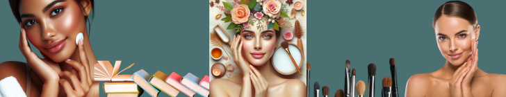 All three woman with a radiant complexion and radiant clear skin. A few books, symbolizing the connection between personal development and achieving clear, healthy skin. A few blush brushes completes the scene, hinting at the natural beauty that can be enhanced through self-care.

