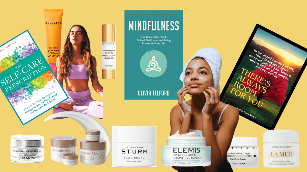 This image captures the essence of a well-rounded approach to beauty. Here, you'll find a curated selection of inspiring books on meditation and personal development, alongside various facial supplies.  These resources can empower you on your journey towards inner peace and radiant skin.
